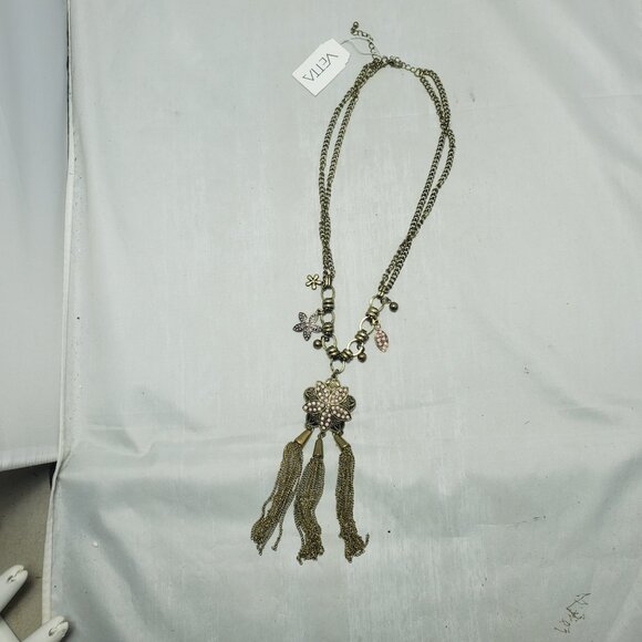 Vetta multi layer antique gold chain with floral charms and tassels - Picture 3 of 8
